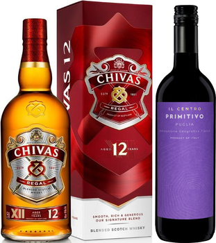 Віскі Chivas Regal 12 років витримки 1 л 40% у подарунковій упаковці + Вино IL CENTRO Primitivo червоне сухе 0.75 л 13% (080432400432R+8033116408554)