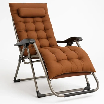 Раскладное усиленное мягкое кресло-шезлонг 174x65x114 см до 150 кг LEOBRO Zero Gravity Premium Plus с подголовником и матрасом для отдыха на природе в кемпинге или даче Коричневый