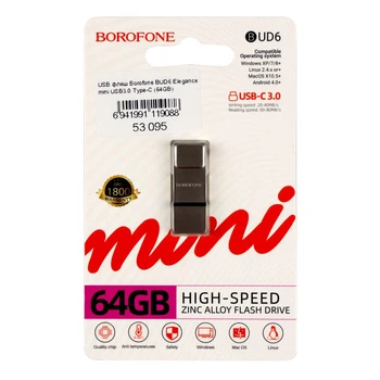 Флешка usb borofone bud6 64gb elegance mini usb 30 type-c цвет черный