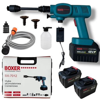 Аккумуляторная мойка высокого давления BOXER BX-7012, 48В, 80 Бар, 2 аккумулятора 6000 мА·ч, пеногенератор, кейс