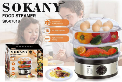Электрическая пароварка Sokany SK-07018 на 3 уровня на 11 л, 650 Вт