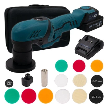 Акумуляторна ПРОФЕСІЙНА ексцентрикова полірувальна машина PROFI-TEC PPM-8012SCP Set (12В, + 3 диски: 30мм, 50мм та 75мм, хід 3+12мм) (1 х 2.5Аг, зарядний пристрій, СУМКА з Аксесуарами)