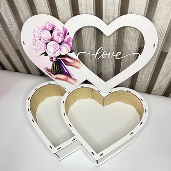 Деревянная подарочная коробка двойное сердце с прозрачной крышкой Love