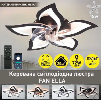 Люстра светодиодная с пультом FAN ELLA с вентилятором 72W+18W 5F-APP черная