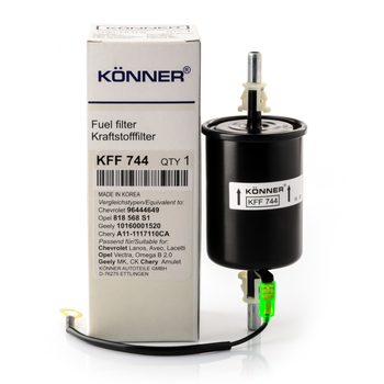 Фильтр очистки топлива бензиновый корпусный (с проводом) KFF-744 Könner Daewoo Lanos, Chery Amulet, Opel Omega B, Geely CK, Chery Tiggo