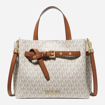Сумка кросс-боди через плечо женская из натуральной кожи маленькая Michael Kors Emilia Small Crossbody MK Logo BG-MK-20 White/Brown (194900361092)