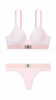 Комплект белья Victoria's Secret Cotton Lightly Lined Wireless Bra Shine Patch Set Pretty Blossom Stripes 32C-S