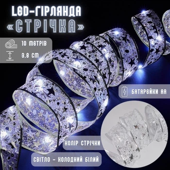 LED-гирлянда «Лента» на батарейках LaceShine, серебряная лента, холодный белый свет, 10 м