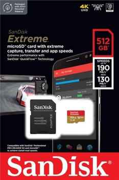 Карта памяти SanDisk microSD 512GB C10 UHS-I U3 Extreme V30 + SD (SDSQXAV-512G-GN6MA)