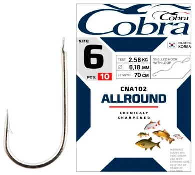 Крючки с лесочный поводком Cobra ALLROUND 70 см, 0.18 мм, разм. 6, 10шт.,CNC101-006