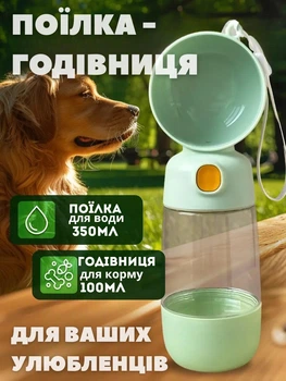 Портативна поїлка - годівниця 2в1 для собак і котів 350 мл + 100 мл, дорожня пляшка з мискою, герметична