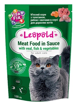 Влажный корм Леопольд для кошек Мясной корм в соусе с телятиной, рыбой и овощами в соусе 100г х 24шт