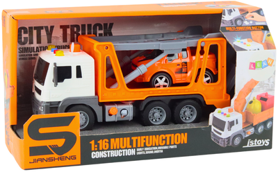 Ciężarówka Lean Toys Laweta multifunkcyjna z autkiem ze światłami i dźwiękami 1:16 Pomarańczowa (20172) (5905991023579)