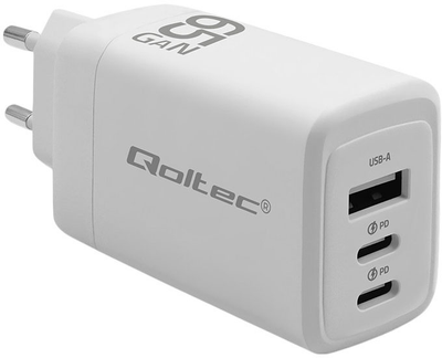 Ładowarka sieciowa Qoltec GaN 65W 5-20V 2x USB-C PD 1x USB QC 3.0 White (5901878518220)