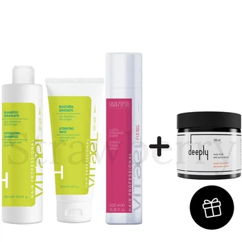 Набор для увлажнения волос Vitael и в подарок Скраб Deeply 300мл Набор: Шампунь Vitael Dry Hair Hydrating 300мл, Маска Vitael Dry Hair Hydrating 250мл, Лак Vitael Fixing Strong Spray 500мл и в подарок Скраб для кожи головы Deeply 300мл
