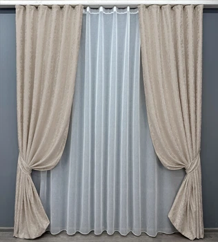 Комплект штор VR-Textil Льон Мармур 150х270 2шт і Тюль 400х270 1767ш-1276т Бежевий з білим 71-019/3