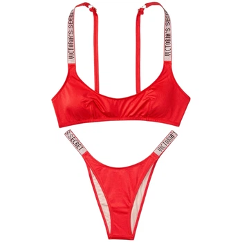 Купальник Victoria's Secret красный Shine Strap Red Tulum Scoop Swim Top 36B + M плавки бразилианы