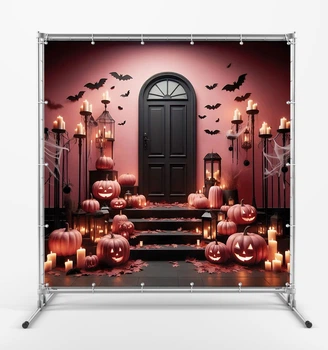 Баннер на Хэллоуин. Halloween "Черная дверь, свечи и тыквы" размер 2х2м. С люверсами.