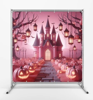 Баннер на Хэллоуин. Halloween "Розовый замок, тыквы и фонари" размер 2х2м. С люверсами