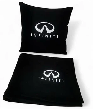 Плед и подушка в авто с вышитым логотипом INFINITI черный флис 260г/м2 размер M