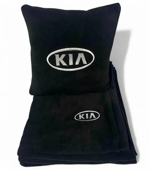 Плед и подушка в авто с вышитым логотипом KIA черный флис 260г/м2 размер S