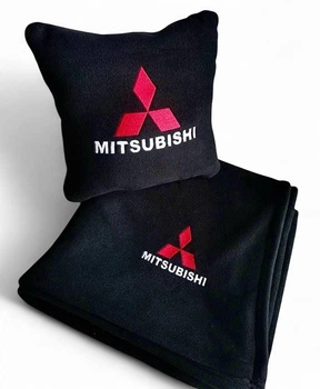 Плед и подушка в авто с вышитым логотипом MITSUBISHI красный значок черный флис 260г/м2 размер S