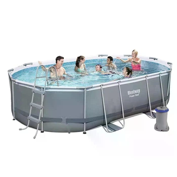 Бассейн каркасный Bestway 56448 овальный на 10949 л из ПВХ и стали с картриджным насосом лестницей и тентом 488x305x107 см Серый (124-9-56448 BW)