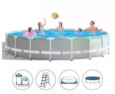 Бассейн каркасный Intex 26732 круглый на 24311 л из ПВХ и стали с картриджным насосом лестницей тентом и подстилкой 549x122 см Серый (124-9-26732)