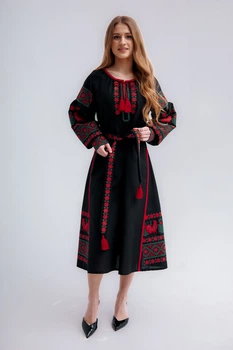 Сукня вишита Etnovyshyvka "Шлях Предків" чорна з вишитими когутами XS