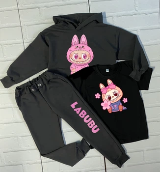 Спортивный костюм детский 3-ка худи + штаны + футболка Лабубу Labubu AngelDance 116-122 черный
