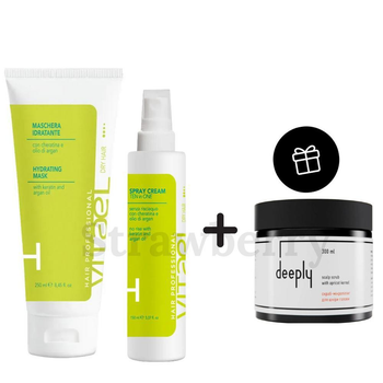Набір для зволоження волосся Vitael + в подарунок Скраб Deeply 300мл Набір: Маска Vitael Dry Hair Hydrating 250мл + Термозахист 10в1 Vitael Dry Hair Spray Cream 150мл + у подарунок Скраб для шкіри голови Deeply 300мл