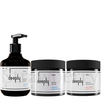 Набор для увлажнения для всех типов волос Deeply Увлажняющий шампунь Deeply Hydrating Shampoo 250мл + Увлажняющая маска Deeply Hydrating Hair Mask 300мл + Скраб для кожи головы Deeply Scalp Scrub With Apricot Kernel 300мл