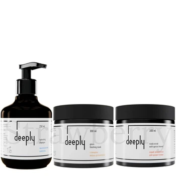 Набор для увлажнения и сияния волос Deeply Увлажняющий шампунь Deeply Hydrating Shampoo 250мл + Глянцевая маска Deeply Gloss Finishing Mask 300мл + Скраб для кожи головы Deeply Scalp Scrub With Apricot Kernel 300мл