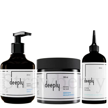 Набор для увлажнения для всех типов волос Deeply Увлажняющий шампунь Deeply Hydrating Shampoo 250мл + Увлажняющая маска Deeply Hydrating Hair Mask 300мл + Пилинг для кожи головы Deeply Refreshing Scalp Peeling 200мл