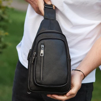 Сумка-слинг мужская черная через плече из натуральной кожи TIDING BAG 32545