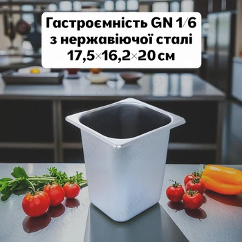 Гастроемкость GN 1/6 из нержавеющей стали, прямоугольная, высокая, 17,5 х 16,2 х 20 см, 3 л, пищевой контейнер для заготовок, для профессиональных и промышленных кухонь, без крышки и ручек, стального цвета