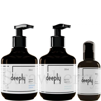 Набір для зволоження та блиску волосся Deeply: Зволожуючий шампунь Deeply Hydrating Shampoo 250мл + Зволожуючий кондиціонер Deeply Hydrating Conditioner 250мл + Крем для блиску волосся Deeply Brilliant Finishing Cream 200мл