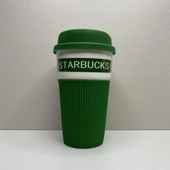 Склянка керамічний з силіконовою кришкою 400 мл Starbucks 9703 зелений з білим