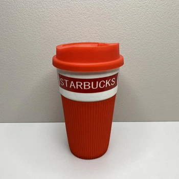 Склянка керамічний з силіконовою кришкою 400 мл Starbucks 9703 червоний з білим