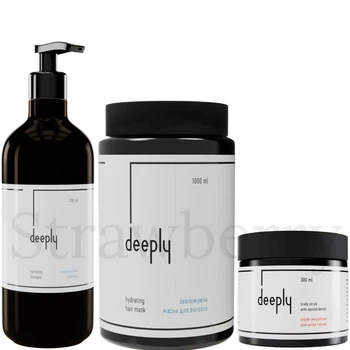 Набор для увлажнения для всех типов волос Deeply Увлажняющий шампунь Deeply Hydrating Shampoo 1л + Увлажняющая маска Deeply Hydrating Hair Mask 1л + Скраб для кожи головы Deeply Scalp Scrub With Apricot Kernel 300мл
