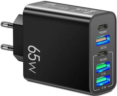 Сетевое зарядное устройство PD 65W быстрая зарядка Quick Charge 3.0 USB Type-C блок швидкої зарядки для Apple iPhone iPad Samsung Xiaomi юсб адаптер питания для айфона телефона планшета Чорный LEXEGO F102-B