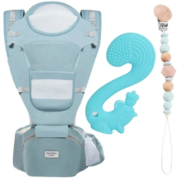 Хипсит эрго-рюкзак "Squirrel baby" Q2022 12в1 и прорезыватель Белочка с держателем бусины Голубой n-13043