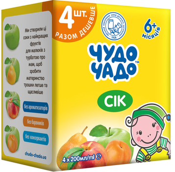 Промо-упаковка соків Чудо-Чадо Яблуко та персик + Яблуко + Яблуко та груша + Яблуко та абрикос 200 мл х 24 шт (4820016255180)