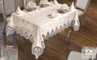 Велюровая скатерть с ранером Selin Azra Set 160×220 см+12 салфеток кремовая