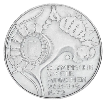 Монета Германия 10 марок 1972 Серебро F-VF XX летние Олимпийские игры в г. Мюнхен - Стадион (Ag 625, 15,5 грамм)