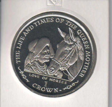Монета Остров Мэн 1 крона 2002 «Жизнь и время Королевы-матери - Любовь к лошадям» UNC (KM#1118)