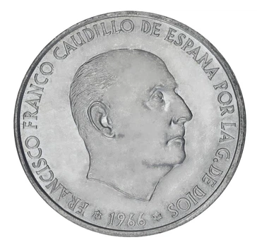 Монета Испания 100 песет 1966 Серебро F-VF Франсиско Франко (Ag 800, 19 грамм)
