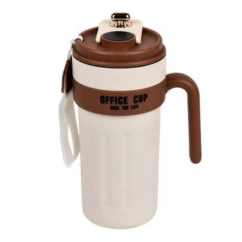 Термочашка Office Cup MT-5344, 650 мл, з дисплеєм температури та ручкою, бежевий з коричневим