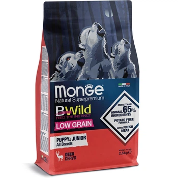 Сухий корм Monge BWild Puppy & Junior повноцінний раціон для цуценят всіх порід собак на основі оленини -2,5кг