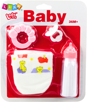 Zestaw akcesoriów dla lalek Lean Toys Smoczek + Butelka + Pielucha + Grzechotka (5905991055679)